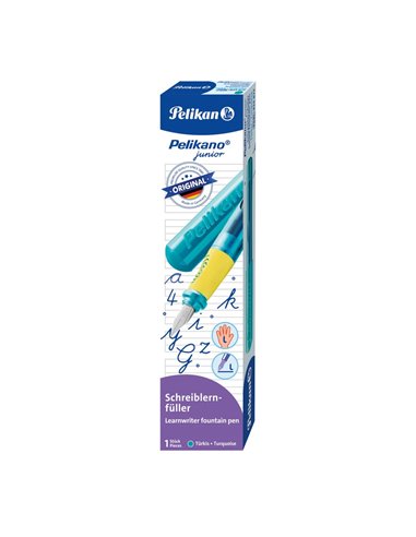 Stilou Pelikano Junior, penita L pentru stangaci, grip ergonomic, Turcoaz
