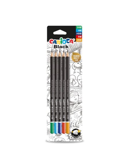 Set creioane grafit CARIOCA 2H, H, HB, B, 2B, Negru