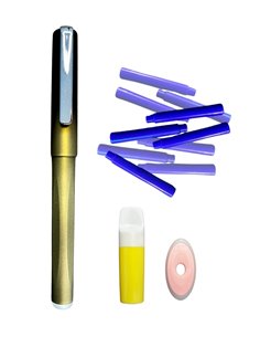 Stilou cu cerneala termosensibila, radiera si rezerve, Galben metalizat 2