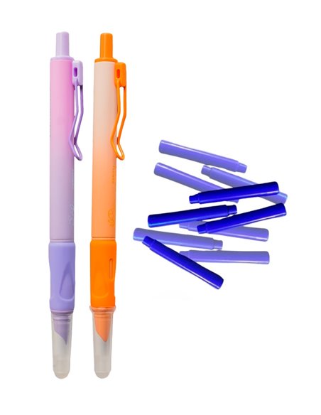 Set stilouri cu mecanism si cerneala termosensibila + Rezerve, Flower, Mov/Portocaliu