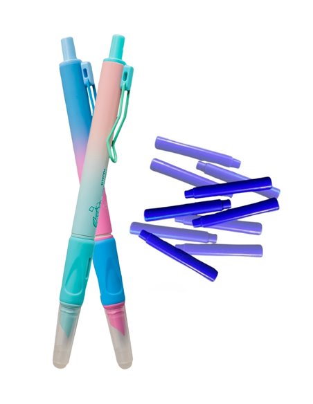 Set stilouri cu mecanism si cerneala termosensibila + Rezerve, Flower, Albastru/Verde