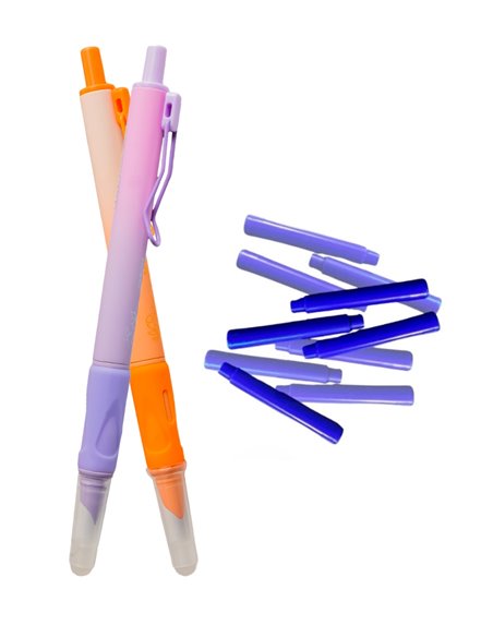 Set stilouri cu mecanism si cerneala termosensibila + Rezerve, Flower, Mov/Portocaliu