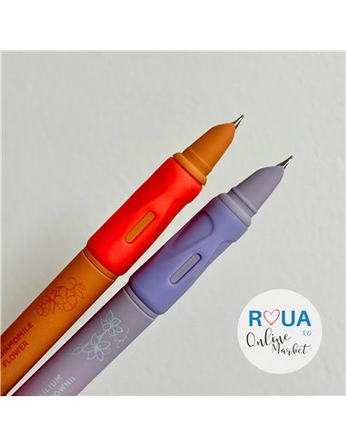 Set stilouri cu mecanism si cerneala termosensibila + Rezerve, Flower, Mov/Portocaliu