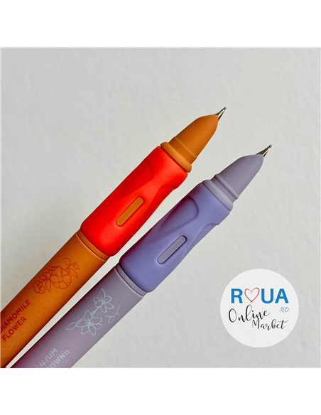 Set stilouri cu mecanism si cerneala termosensibila + Rezerve, Flower, Mov/Portocaliu