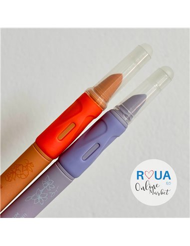 Set stilouri cu mecanism si cerneala termosensibila + Rezerve, Flower, Mov/Portocaliu