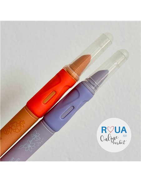 Set stilouri cu mecanism si cerneala termosensibila + Rezerve, Flower, Mov/Portocaliu