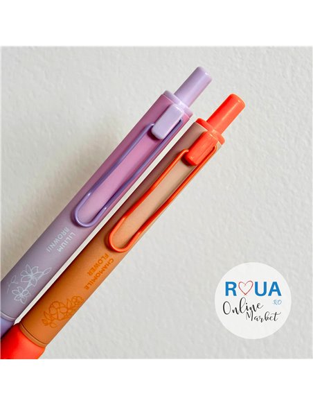 Set stilouri cu mecanism si cerneala termosensibila + Rezerve, Flower, Mov/Portocaliu