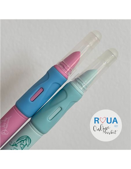 Set stilouri cu mecanism si cerneala termosensibila + Rezerve, Flower, Albastru/Verde