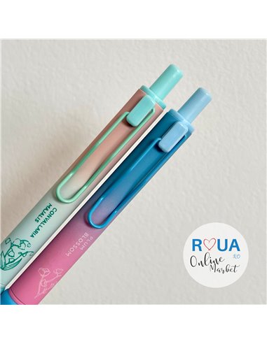 Set stilouri cu mecanism si cerneala termosensibila + Rezerve, Flower, Albastru/Verde