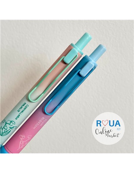 Set stilouri cu mecanism si cerneala termosensibila + Rezerve, Flower, Albastru/Verde