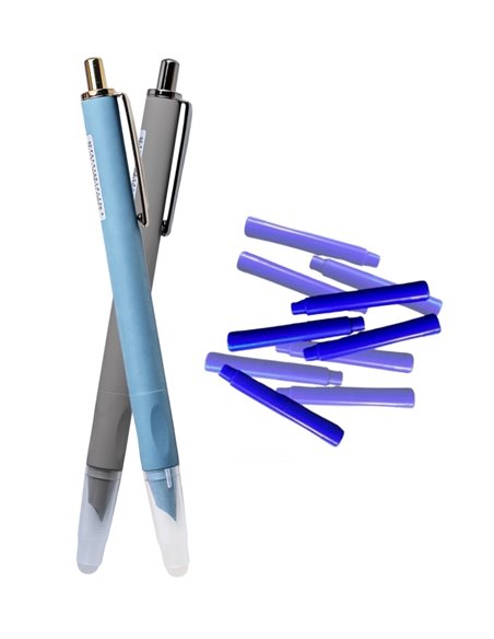 Set stilouri metalice cu cerneala termosensibila si mecanism + Rezerve, Albastru/Gri