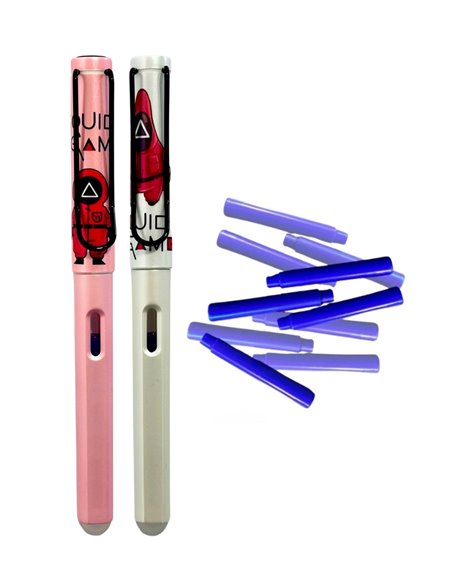 Set stilouri cu cerneala termosensibila si penita ascunsa + Rezerve, Squid Game, Roz/Alb