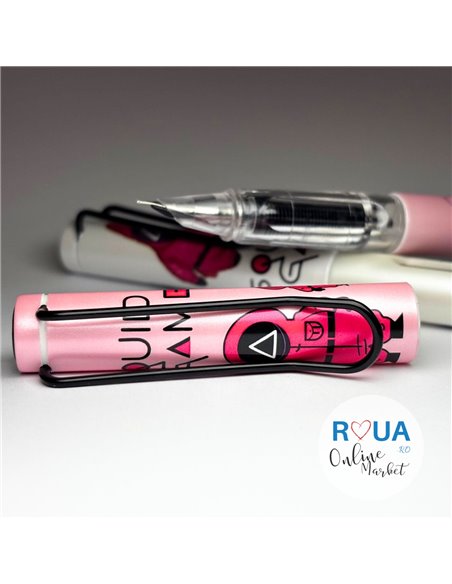 Set stilouri cu cerneala termosensibila si penita ascunsa + Rezerve, Squid Game, Roz/Alb