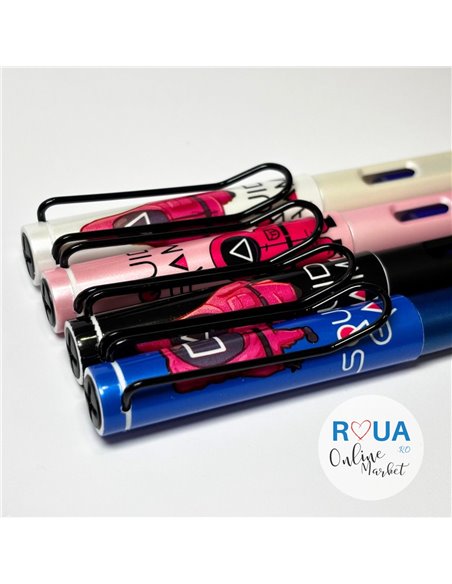 Set stilouri cu cerneala termosensibila si penita ascunsa + Rezerve, Squid Game, Roz/Alb