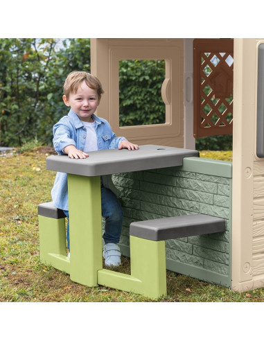 S7600810927,Masa de picnic cu doua banci Smoby Life pentru casuta verde