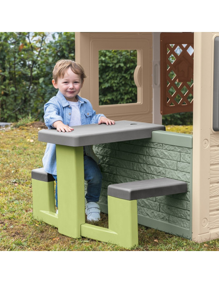 S7600810927,Masa de picnic cu doua banci Smoby Life pentru casuta verde