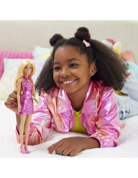 MTHYT88,Barbie Papusa Barbie Fashionistas Blonda Cu Rochita Roz Metalica