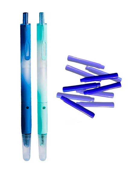 Set stilouri cu cerneala termosensibila si mecanism + Rezerve, Rainbow, Albastru/Verde