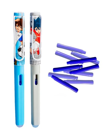 Set stilouri cu cerneala termosensibila + Rezerve, Anime football, Albastru/Gri