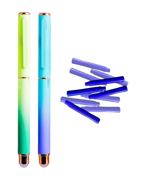 Set stilouri metalice cu cerneala termosensibila + Rezerve, Flame, Verde/Albastru