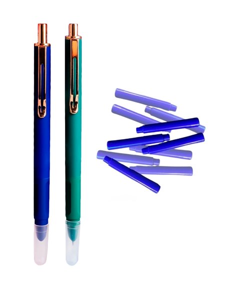 Set stilouri metalice cu cerneala termosensibila si mecanism + Rezerve, Cauciucat, Albastru/Verde