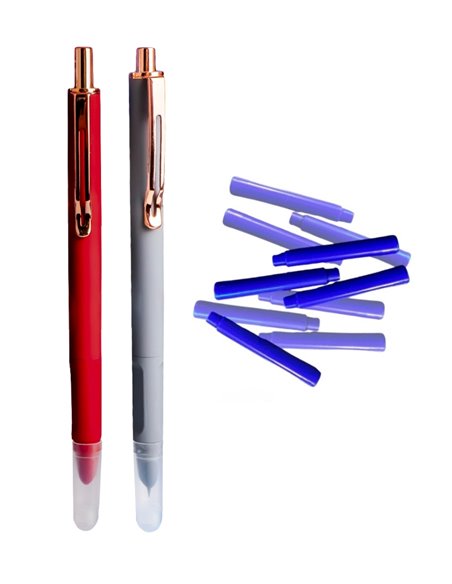 Set stilouri metalice cu cerneala termosensibila si mecanism + Rezerve, Cauciucat, Rosu/Gri