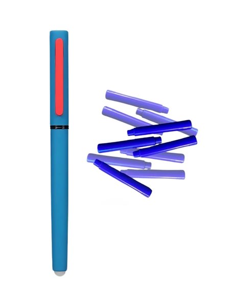 Stilou metalic cu cerneala termosensibila si penita ascunsa + Rezerve, Fancy, Albastru