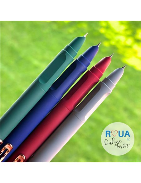 Set stilouri metalice cu cerneala termosensibila si mecanism + Rezerve, Cauciucat, Rosu/Gri