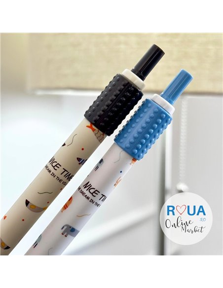 Set stilouri cu cerneala termosensibila si mecanism + Rezerve, Animal fun, Albastru/Negru