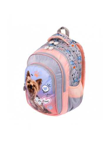 G599,Ghiozdan St.Majewski My Little Friend Dog, 40cm, 3 compartimente, gri cu roz si bleu, BPL58 / 668456