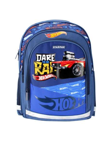 G666,Ghiozdan Starpak Hot Wheels, 41cm, 3 compartimente, 2 buzunare laterale, albastru, 486066
