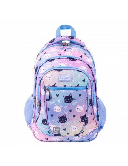 G755,Ghiozdan St.Majewski LOOZZ Happy Cats, 41cm, 3 compartimente, 1 buzunar, roz cu bleu