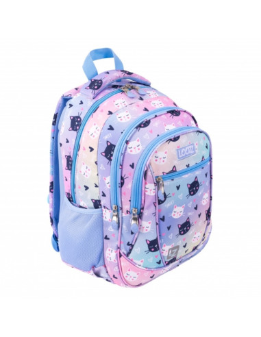 G755,Ghiozdan St.Majewski LOOZZ Happy Cats, 41cm, 3 compartimente, 1 buzunar, roz cu bleu