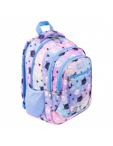 G755,Ghiozdan St.Majewski LOOZZ Happy Cats, 41cm, 3 compartimente, 1 buzunar, roz cu bleu