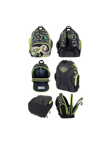 G516,Ghiozdan St.Majewski Bambino TRex, 2 compartimente, 2 buzunare, negru cu verde, 650512