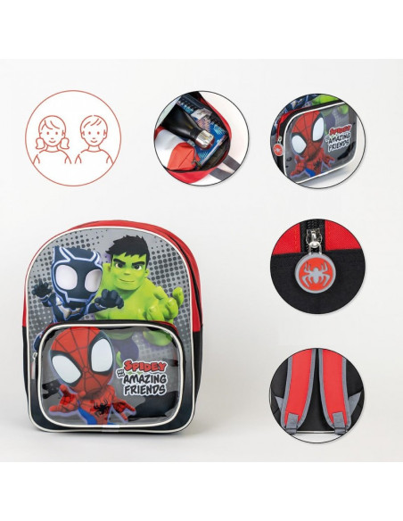 G627,Ghiozdan gradinita Cerda Spidey si prietenii, 30cm, 1 compartiment, 1 buzunar, rosu cu negru