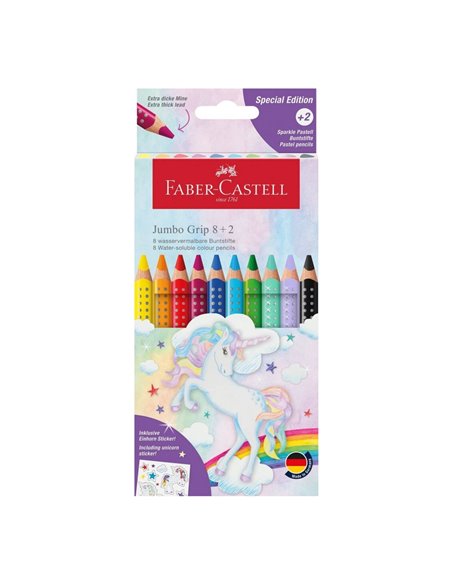 Creioane colorate 8+2 culori jumbo grip unicorni faber-castell