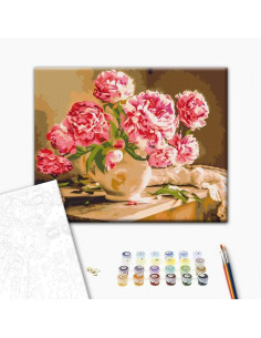 P4262,Set Pictura pe numere 40x50cm, Brushme - Vaza cu bujori - panza, cadru de lemn, pensule, culori acrilice, BS52704