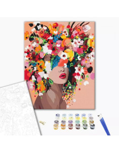 P4263,Set Pictura pe numere 40x50cm, Brushme - Coafura femeie cu flori - panza, cadru de lemn, pensule, culori acrilice, BS41053