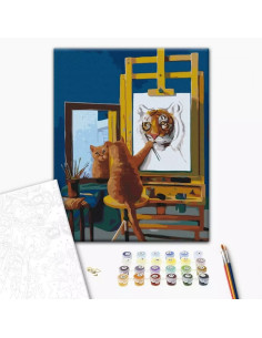 P4273,Set Pictura pe numere 40x50cm, Brushme - Motanul pictor - panza, cadru de lemn, pensule, culori acrilice, BS53459