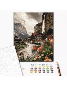 P4277,Set Pictura pe numere 40x50cm, Brushme - Zona montana in Elvetia - panza, cadru de lemn, pensule, culori acrilice, BS36527