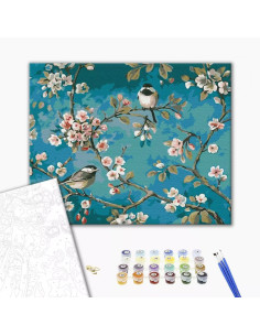 P4264,Set pictura pe numere 40x50cm, Brushme - Vrabiute pe ramuri - pensule, culori, BS435