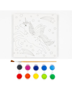 P4546,Set pictura pe panza imprimata 15.5x15.5cm, Unicorn - acuarele, pensula, cadru de lemn, Colorarte, MY16