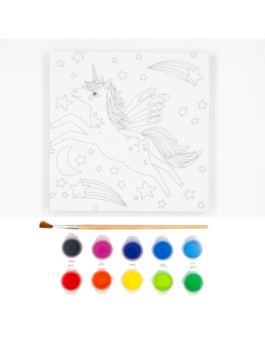 P4546,Set pictura pe panza imprimata 15.5x15.5cm, Unicorn - acuarele, pensula, cadru de lemn, Colorarte, MY16