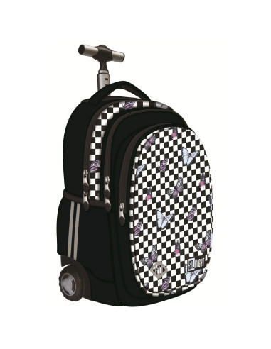 Ghiozdan St.Majewski St.Right Chessboard Butterflies, 44cm, 4 compartimente, tip troller, roti silicon, negru
