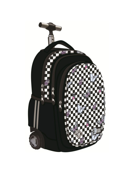 G750,Ghiozdan St.Majewski St.Right Chessboard Butterflies, 44cm, 4 compartimente, tip troller, roti silicon, negru