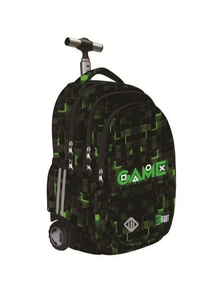 G751,Ghiozdan St.Majewski St.Right Green Game, 44cm, 4 compartimente, tip troller, roti silicon, negru