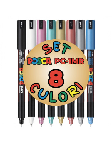 M1513,Marker UNI Posca PC-1MR, varf fin metalic, 0.7mm, set 8 culori metalizate