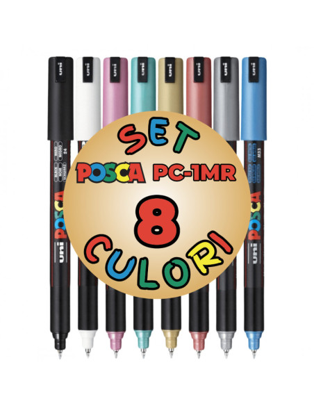M1513,Marker UNI Posca PC-1MR, varf fin metalic, 0.7mm, set 8 culori metalizate