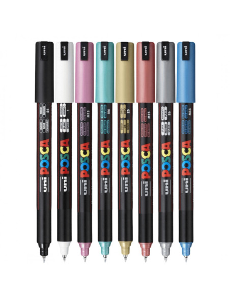 M1513,Marker UNI Posca PC-1MR, varf fin metalic, 0.7mm, set 8 culori metalizate